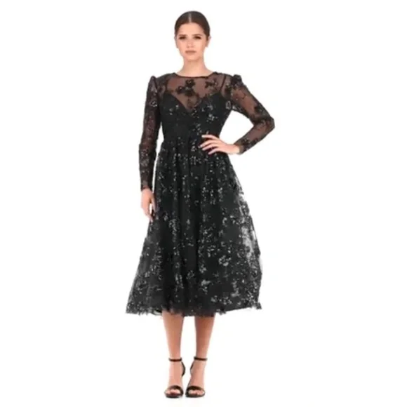 Mac Duggal 67951Black Embellished Illusion Long Sleeve Midi Dress